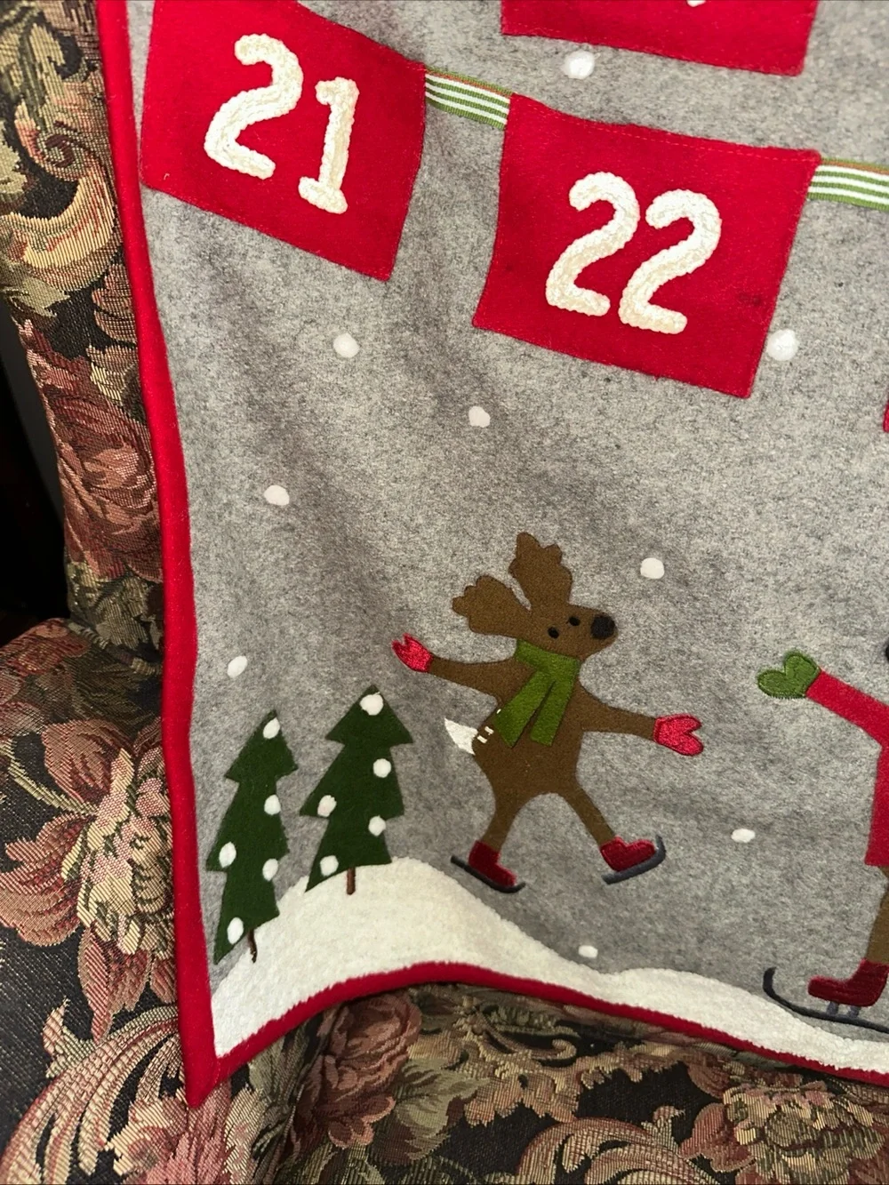 Crate&Barrel wool Gray, Red and Green skating Reindeer Advent calendar